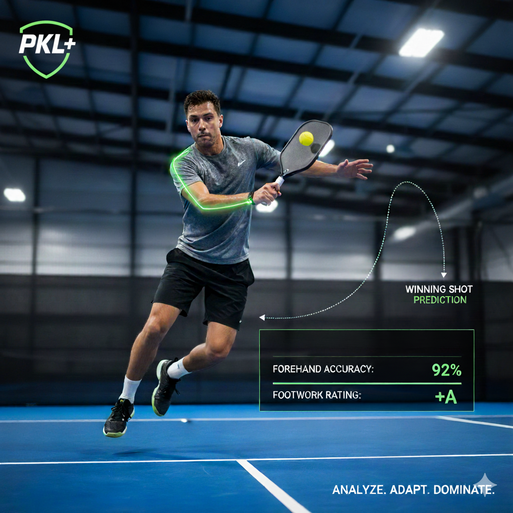 A pickleball player lunging for a shot with AI analysis overlays showing forehand accuracy and winning shot prediction.